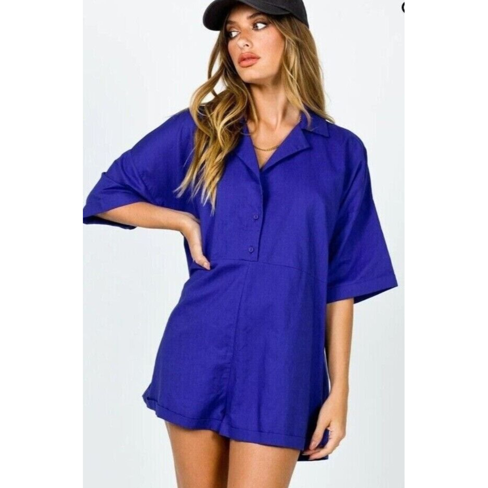 PRINCESS POLLY Sinclair Oversized Playsuit Romper Blue Small Linen Blend NWT